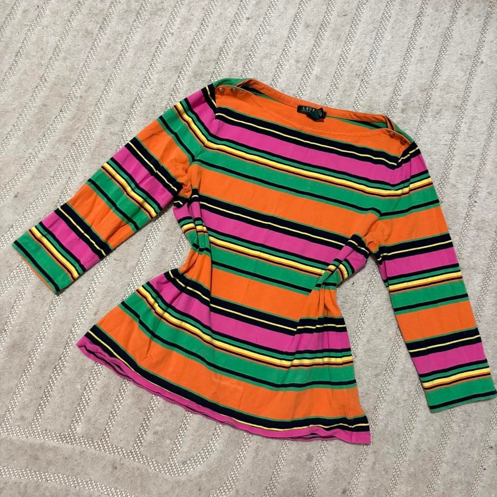 Lauren Ralph Lauren 3/4 Sleeve Striped top size XL Y2K Preppy Retro Autumn Party